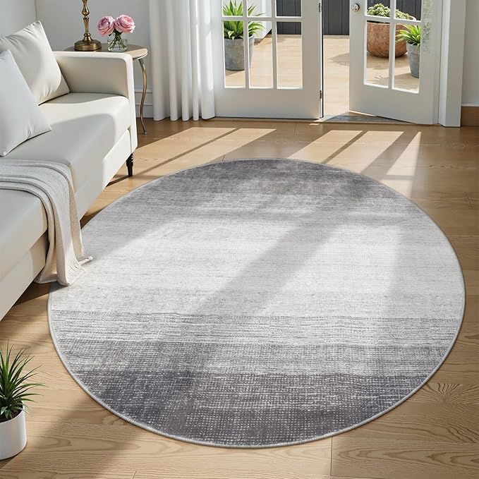 Wonnitar Modern Ombre Washable Round Area Rug 5ft, Grey Round Rugs for Living Room, Non-Slip Large Circle Bathroom Throw Mat, Stain Resistant Low Pile Throw Carpet for Bedroom (Grey, Round 5ft)