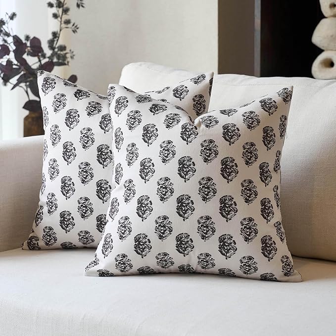 DOMVITUS Set of 2 Floral Pillow Covers 18x18, Block Print Pillow Covers Vintage Neutral Decorative Farmhouse Throw Pillow Covers for Couch Bed Living Room Black