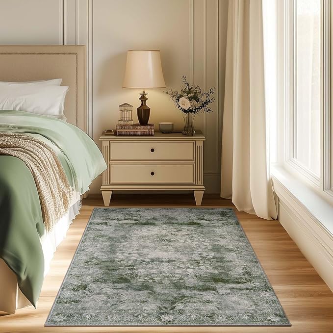 jinchan Green Floral 3x5 Area Rugs for Entryway - Machine Washable Vintage Distressed Design Low-Pile Soft Non-Shedding Christmas Carpet for Kitchen Bedside Laundry Living Room (3x5ft, Forest Green)