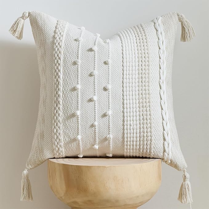 Boho Pillow Cover 18x18 Beige - Handmade Woven Textured Throw Pillow Case with Cordings & Tassels, Decorative Accent for Couch Sofa Farmhouse Living Room Home Decor