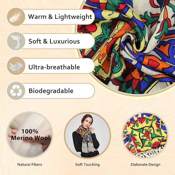 DANA XU 100% Merino Wool Extra Large Pashmina Blanket Travel Scarf Cashmere Wrap for Women Fall Winter Oversize Shawl Floral