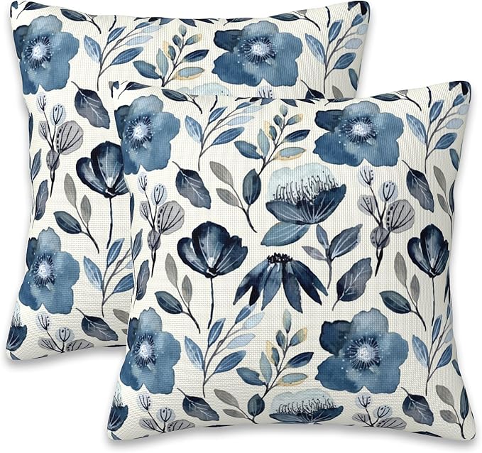 Throw Pillow Covers Blue Floral Pillow Covers 18x18 Inch Set of 2 Throw Pillows Decorative Pillow Cases Cushion Covers for Bedroom Livingroom Sofa Farm House