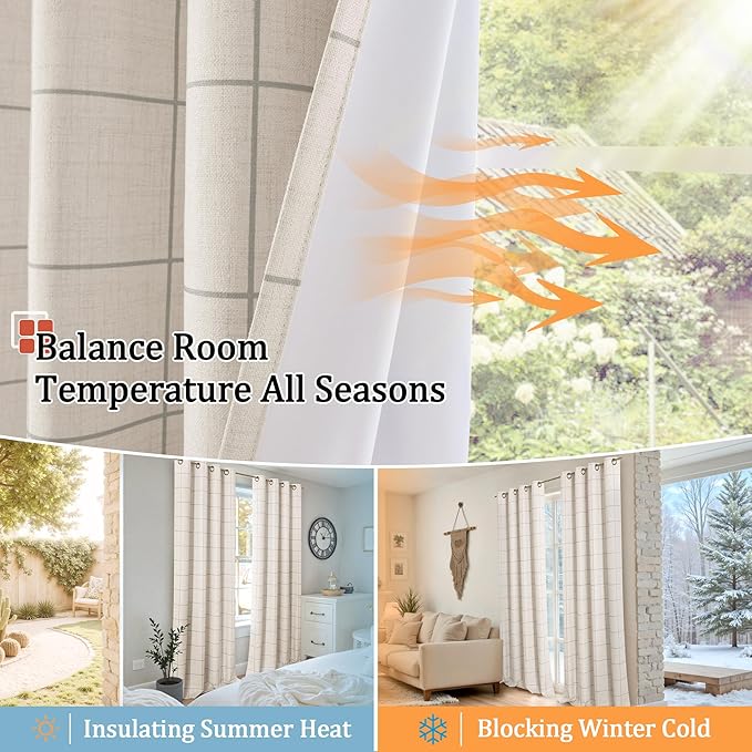 Grey Plaid Curtains Pattern Printed 90 Inches Long - Total Linen Blackout Curtains for Living Room, Boho Grommet Drapes for Farmhouse Cottage Thermal Drapery 52x90 Inch 2 Panels
