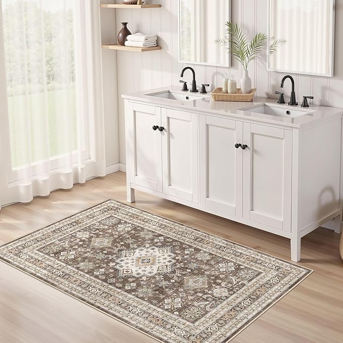 Vintage Living Room Area Rug 3x5 - Large Soft Washable Oriental Traditional Distressed Farmhouse Rugs for Bedroom - Indoor Floor Accent Carpet for Home Office House Decor - Dark Brown