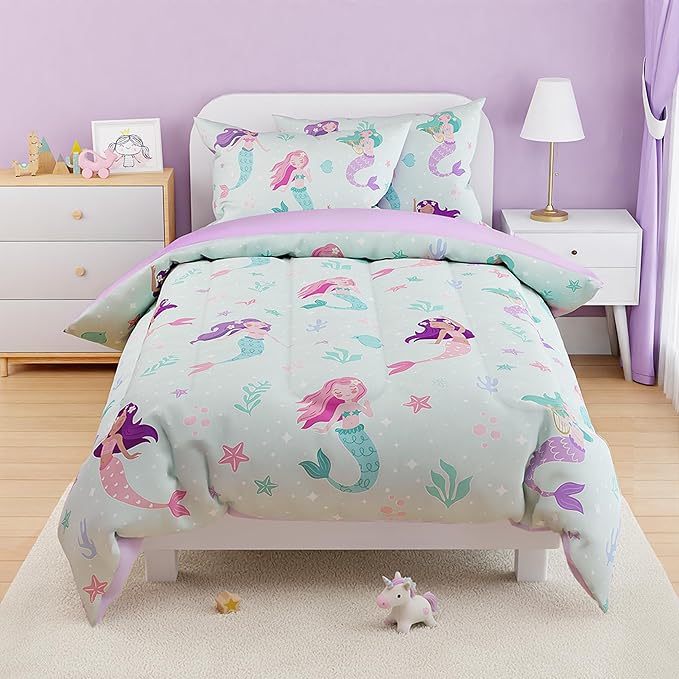 SANDJEST Mermaid Comforter Set Full Size 98x86in for Kids Girls, Microfiber 4 Pcs Bedding Set Includes 1 Comforter, 2 Pillowcases, 1 Fitted Sheet, Nursery Room Decor