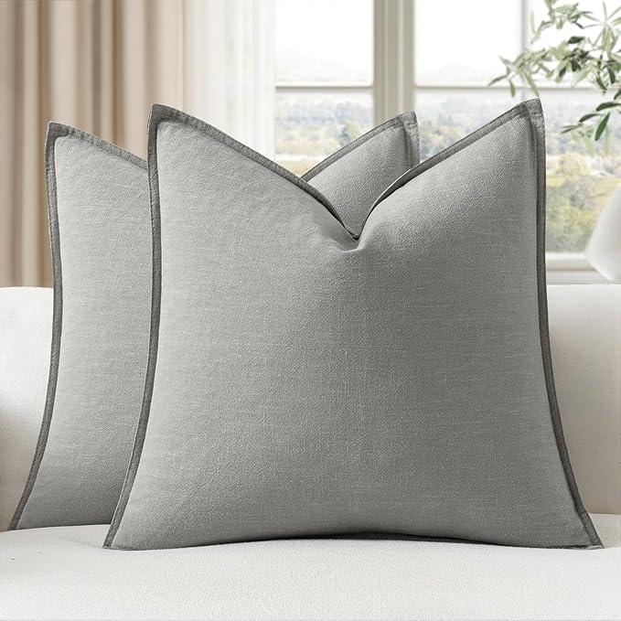 EMEMA Decorative Linen Throw Pillow Covers 18x18 Inch Light Grey Boho Farmhouse Neutral Couch Throw Pillows for Bed Pack of 2 Accent Pillowcase Modern Sofa Cushion Livingroom Home