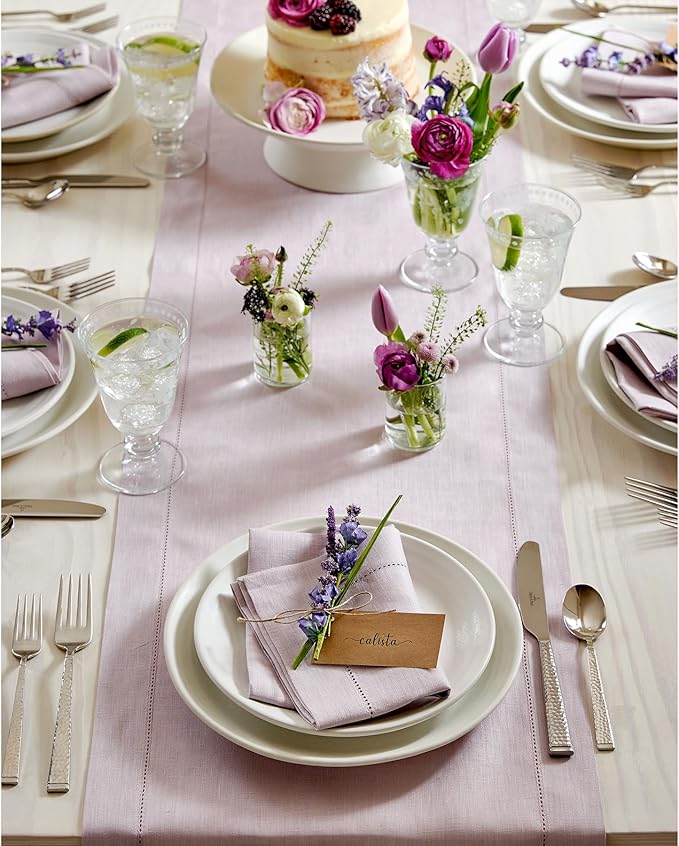 Solino Home Linen Lilac Table Runner 72 Inches Long - 100% Pure Linen Hemstitch Table Runner 14 x 72 Inch for Dresser, Dining, Christmas, New Year - Classic Hemstitch