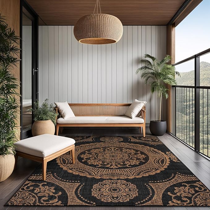 Medallion Outdoor Rug 8x10 Washable Outside Carpet for Indoor Patio Porch Waterproof Easy Cleaning Non Shedding Area Rugs Nut Brown 8 x 10