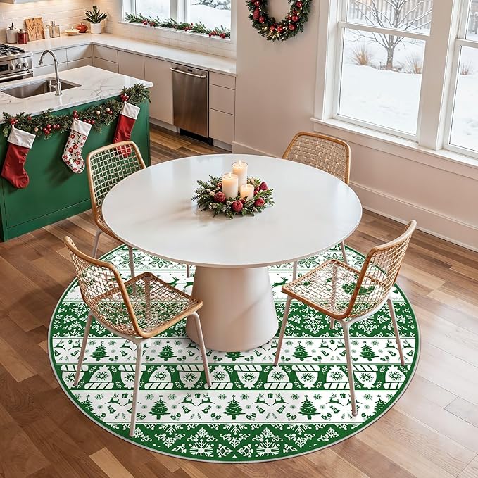 Abstract Living Room Rug Round 6FT - Modern Washable Christmas Soft Thin Area Rug for Living Room Bedroom Under Dining Table - Neutral Indoor Floor Rug Carpets for Home Office Playroom Nursery - Green