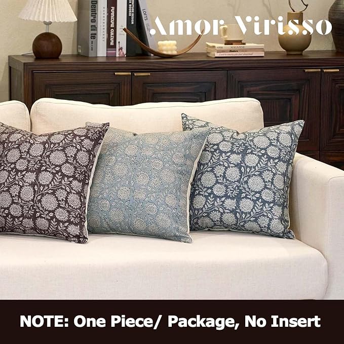 Amor Virisso Floral Throw Pillow Covers 18x18 Block Print Pillow Covers Vintage Neutral Couch Pillows for Living Room Farmhouse Decorative Accent Sofa Pillows, Light Blue