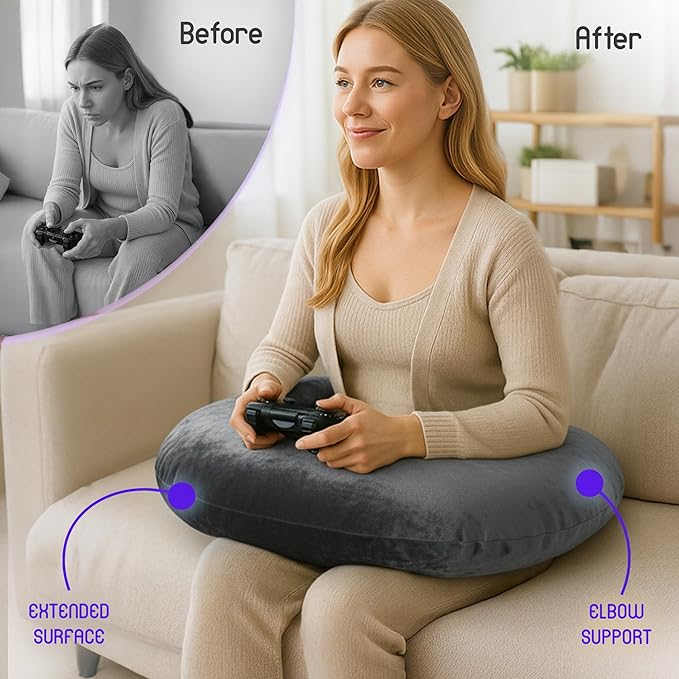 MELLO Lap Pillow for Reading – Memory Foam Gaming Pillow for Lap, Crochet, Crafting, Knitting, Elbow and Arm Support Cushion for Rest in Couch and Bed (Dark Gray, Standard)