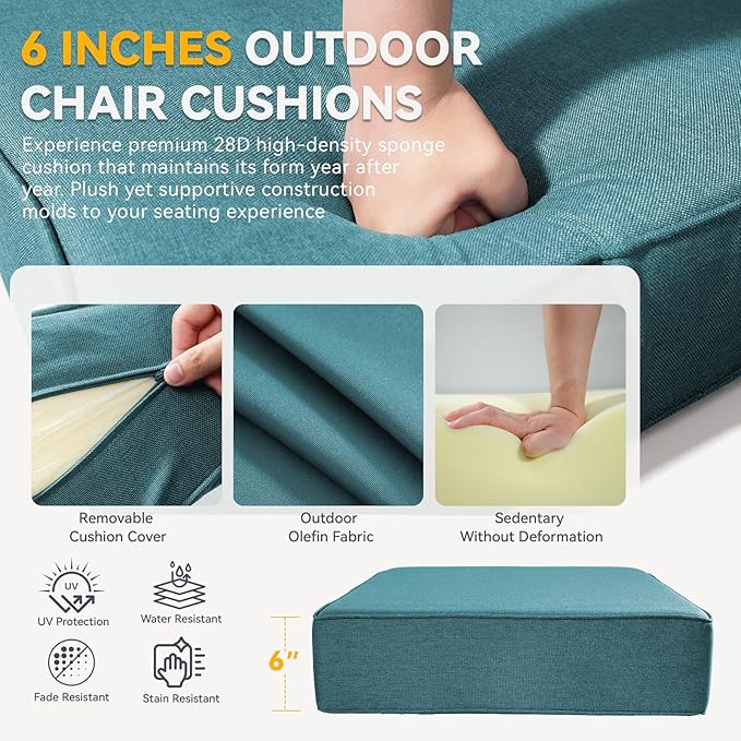 Outdoor Cushion Set for Furniture Patio Furniture, UV Resistant, Water Resistant - 6 Inch Thick Foam Garden Cushions– 22x24 Inch Patio Seat Covers for Chair/Sofa/Couch | Peacock Green | 5-Pack |