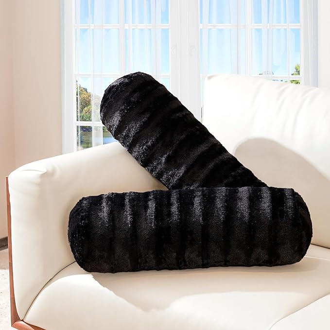 Cheer Collection Faux Fur Bolster Pillows – Soft Decorative Cylinder Pillows for Bed or Couch, Machine Washable – 8” x 24”, Set of 2, Black