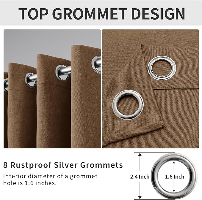 Easy-Going Linen Look Blackout Curtain Grommet Window Curtain Drapes for Bedroom, Living Room Thermal Insulated Room Darkening (2 Panels, 52x63 inch, Brown)