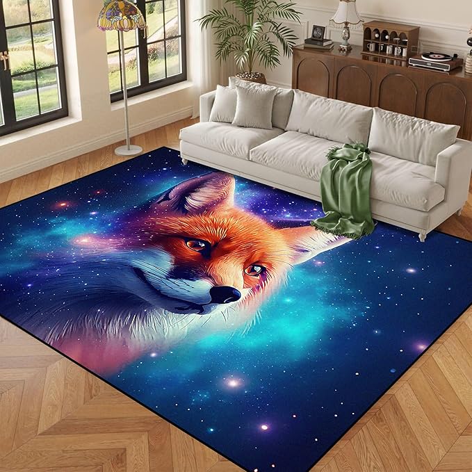 5' X 7' Galaxy Fox Rug 3D Cute Foxes Area Rugs for Bedroom Living Room Playroom Boys Kids Cartoon Colorful Carpet Glitter Stars Throw Rugs Floor Mat