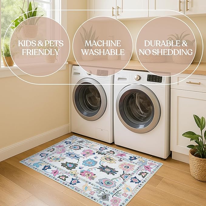 Fame Living Colorful Oushak Runner Rug, Modern Runners, Vintage, Turkish, Eclectic, Floral, Pastel, Washable, Runner for Hallway, Kitchen, Bedroom, Bathroom, 2'5"x9'8"