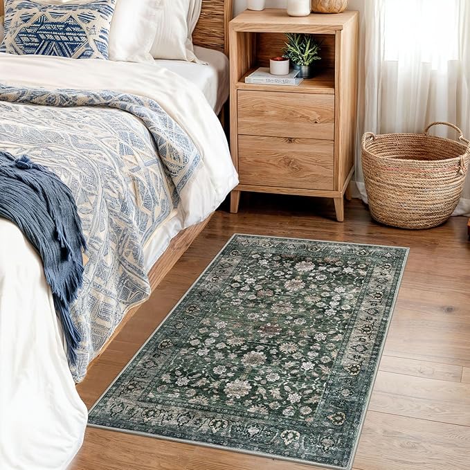 KUTA Vintage Floral Entryway Rug 2x3, Kitchen Rugs Non-Slip Washable Throw Rug, Dark Green Ultra Thin Soft Print Front Door Mat Indoor Doormat for Entrance, Bedside, or Small Spaces