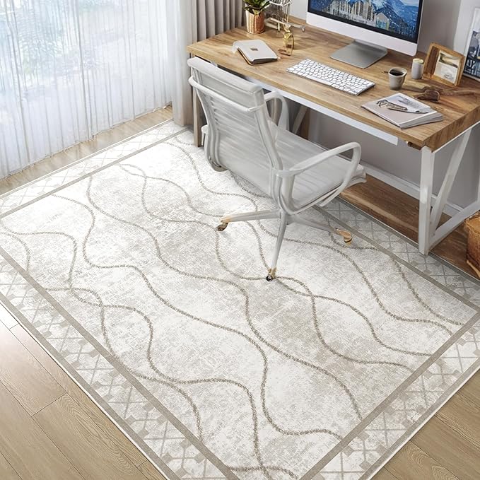 Area Rugs 6x9 Washable Rug, Non-Slip Rugs for Living Room, Low Pile Bordered Rugs Alfombras, Large Print Rubber Backing Indoor Carpet for Home Decor Bedroom Nursery Dining Room, Beige