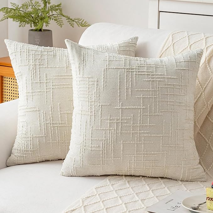 Decorative Throw Pillow Covers 22x22 Inch Set of 2, Soft Solid Farmhouse Chenille Couch Pillows, Spring Pillow Covers for Couch Sofa Bed Living Room Home Decor Pillowcase, Cream White