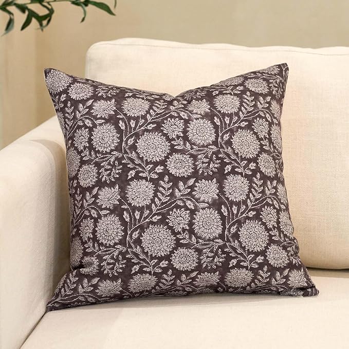 Amor Virisso Floral Pillow Covers 20x20 Throw Pillow Covers Vintage Block Print Pillow Cover Neutral Couch Pillows for Living Room Farmhouse Decorative Accent Sofa Pillows, Dark Brown