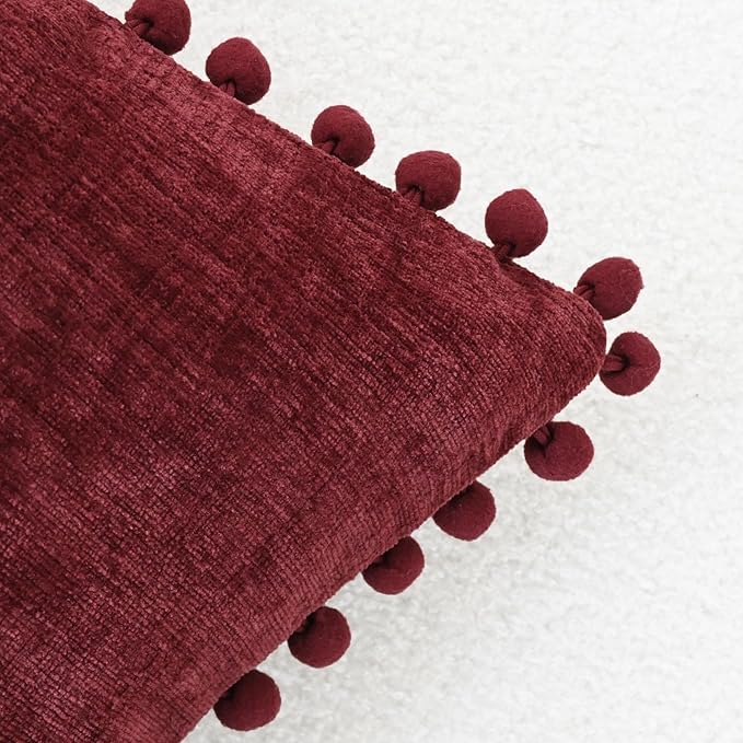 CaliTime Christmas Throw Pillow Covers Decorative 20 X 12 Inches Pack of 2 Cozy Solid Dyed Soft Chenille Cushion Cases with Pom Poms for Couch Sofa Bed Living Room Home Burgundy