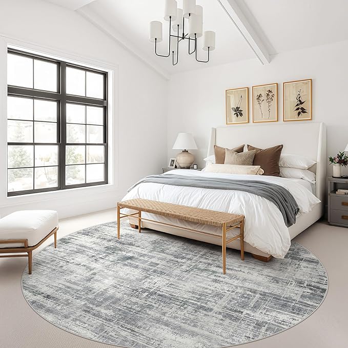 8ft Round Area Rug for Living Room: 8x8 Washable Neutral Abstract Modern Soft Rugs Non Slip Indoor Floor Stain Resistant Carpet for Bedroom Dining Room Office Nursery - Gray