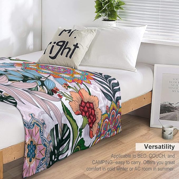 Boho Flowers Blanket for Women Girls, Rustic Bohemian Mandala Palm Leaves Plants Botanical Print Blanket for Bedroom Living Room Couch Sofa, 50"x60"