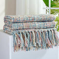 Multi-Color Pink Blue Cable Knitted Throw Blanket for Couch,50"X60" Boho Style Textured Blankets for Home Decor,Super Soft Warm Cozy Chunky Knit Blanket with Decorative Tassels for Bed