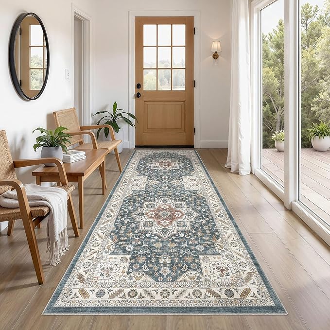Vintage Hallway Runner Rug 3x8: Large Soft Washable Entryway for Kitchen Laundry Room Non-Slip Backing Runner for Entrance Living Room Bedroom Bathroom - Vintage Blue