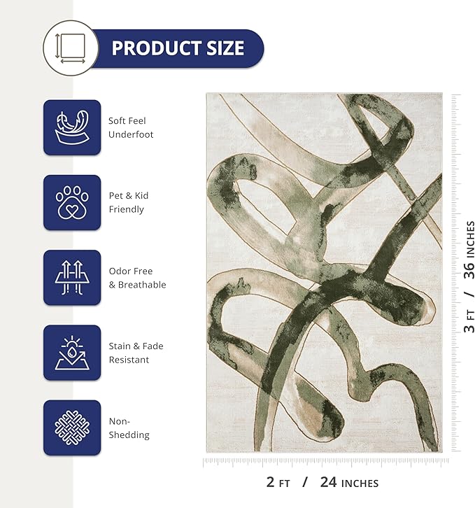Abani Beige Cream Green Graffiti Washable Area Rug – 2' x 3' – Abstract Artistic Design – Ivy Collection – Non-Shedding, Easy to Clean – Durable for High Traffic Areas – Living Room & Bedroom