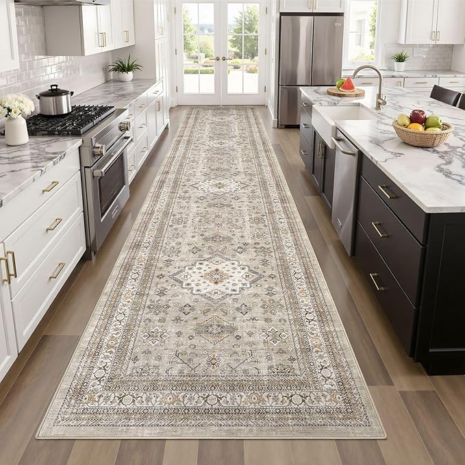 Vintage Hallway Runner Rug 3x12: Large Soft Washable Entryway for Kitchen Laundry Room Non-Slip Backing Runner for Entrance Living Room Bedroom Bathroom - Beige