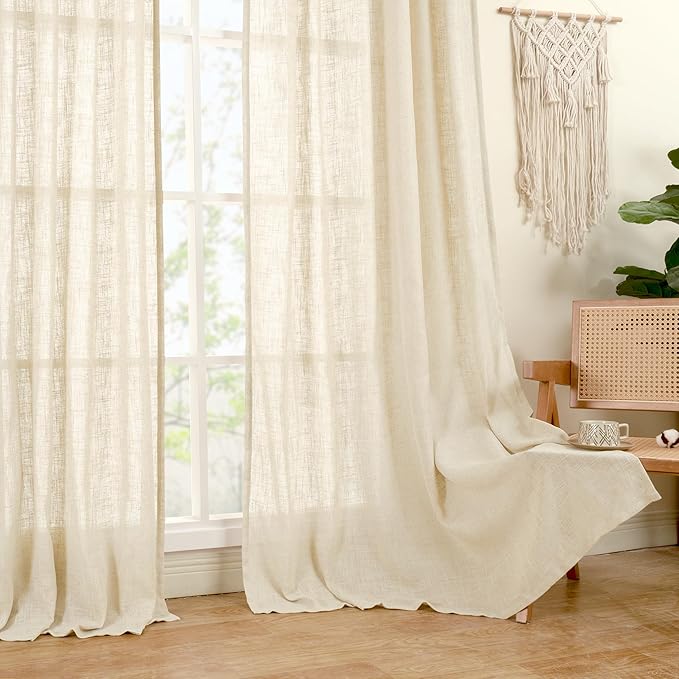 LAMIT Beige Linen Curtains for Doorway Living Room 2 Panels Set, 80 Inch Faux Linen Textured Light Filtering Drapes Back Tab and Rod Pocket Boho Panels for Bedroom/Porch, 52 x 80 Inch