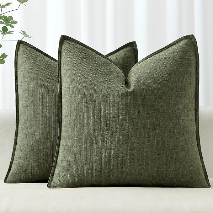 MIULEE Christmas Decorative Pillow Covers 18x18, 2 Pack Boho Farmhouse Neutral Throw Pillows for Couch, Thick Textured Modern Linen Cushion Cases Sofa Bed Living Room Home Decor, Dark Green