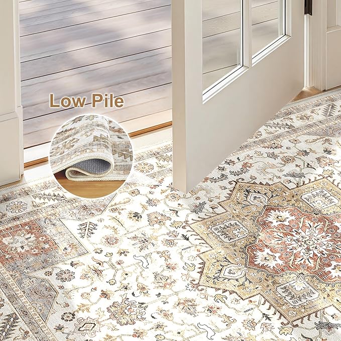 Vintage Living Room Area Rug 3x5 - Large Soft Washable Oriental Traditional Distressed Farmhouse Rugs for Bedroom - Indoor Floor Accent Carpet for Home Office House Decor - Golden Taupe