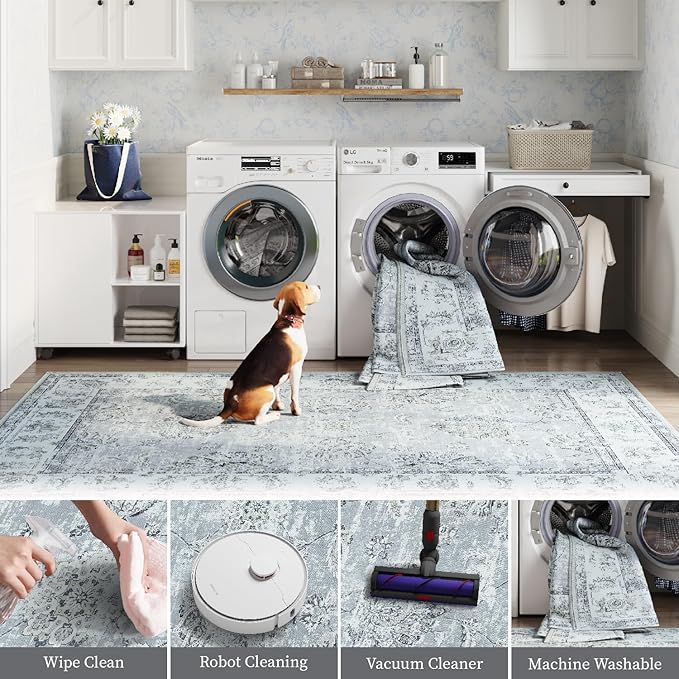 jinchan Fiora Runner Rug 2x5 Washable Hallway Runner- Vintage Floral Non Slip Low-Pile Soft Thin Kitchen Rug Distressed Carpet for Farmhouse Bedroom Entryway Laundry Room(2x5ft, Grey)