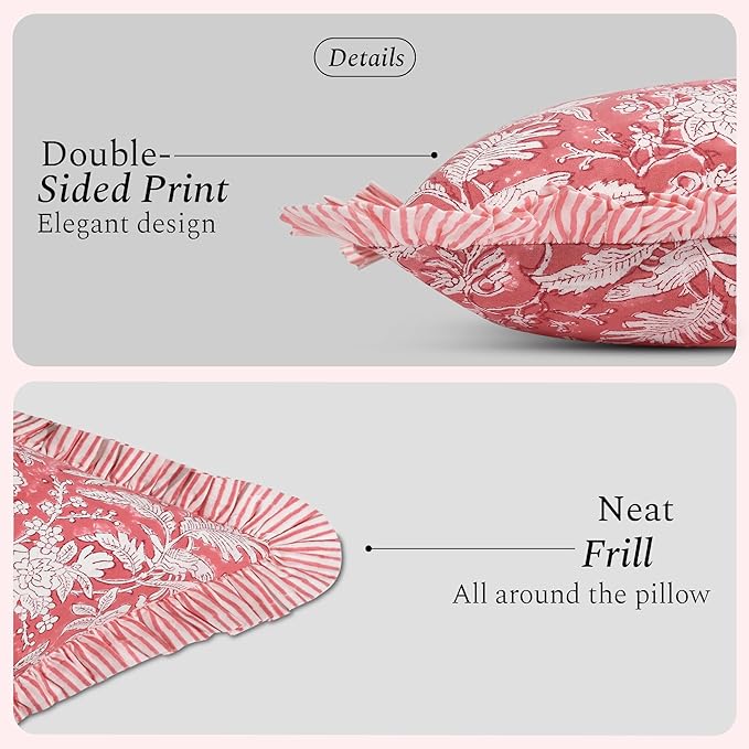 CPC Ruby Red 100% Cotton Block Print Ruffle Sham Cover 20X30 inch Pack of 2, Handmade Boho Floral Pillowcase, Soft Decorative Queen Bed Pillow Cover for Bedroom Décor
