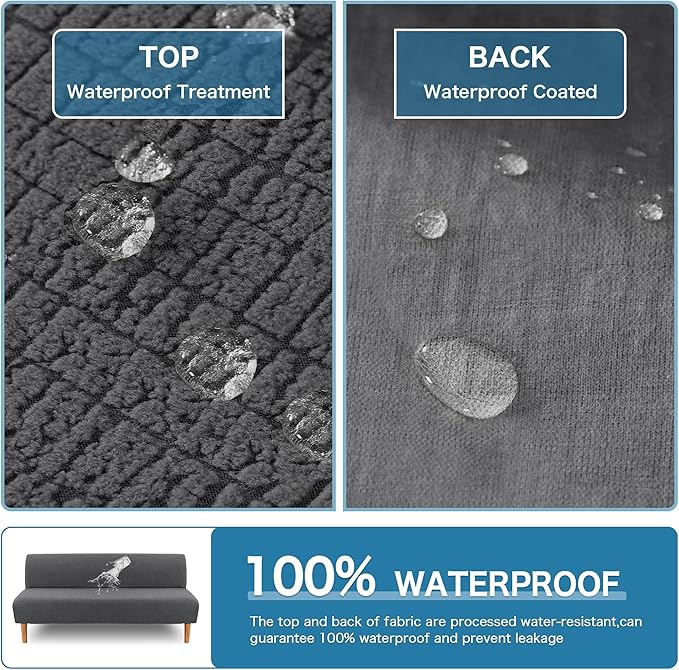H.VERSAILTEX 100% Waterproof Armless Futon Cover, Armless Sofa Cover Stretch Jacquard Couch Cover for Futon, Dual Waterproof Sofa Cover, Leakproof Furniture Protector for Pets, Grey