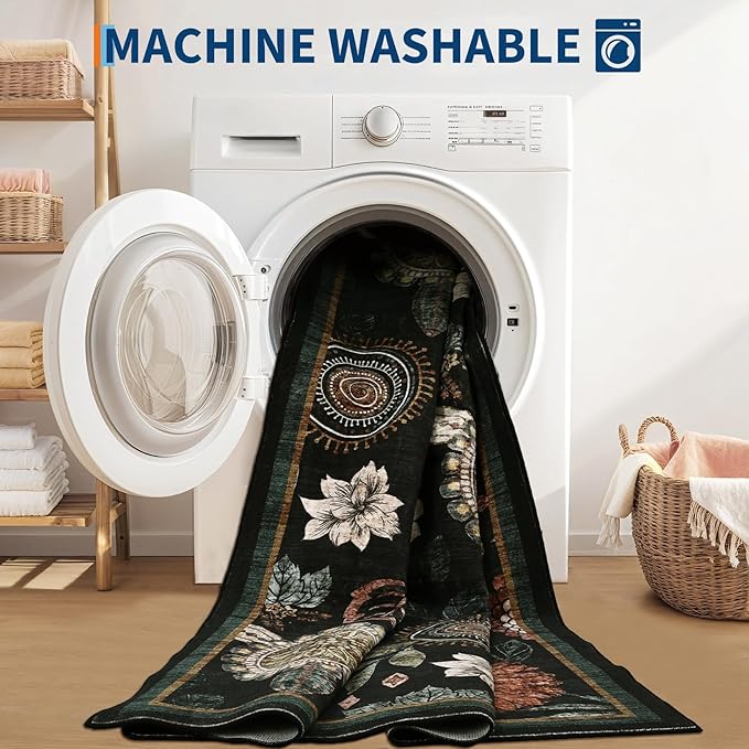 GarveeHome 4x6 Floral Washable Area Rug: Large Living Room Area Rug with Non-Slip Backing Washable Ultra Soft Bedroom Floral Carpet Indoor Stain Resistant Carpet for Dining Room 4 * 6 ft Black