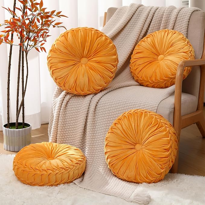 4 Pcs Round Throw Pillows 15 Inch Decorative Velvet Pleated Pumpkin Floor Boho Pillows for Living Room Couch Chair Bed Sofa (Yellow)