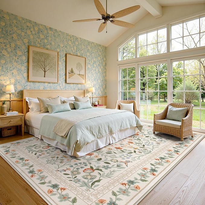 Lahome Floral Washable Area Rugs 8x10, Non-Slip Living Room Carpet Soft Tumble Washable Rugs for Bedroom Nursery, Vintage Botanical Print Carpet for Classroom Kids Room Dining Room, Beige