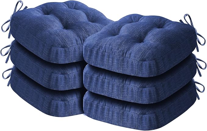 Chair Cushions for Dining Chairs, Dining Chair Cushions, Tufted Indoor Chair Pads with Ties & Non Slip Backing, Seat Cushions for Kitchen Chairs 16.5” x 16.5” x 3.5”, Set of 6, Navy Blue
