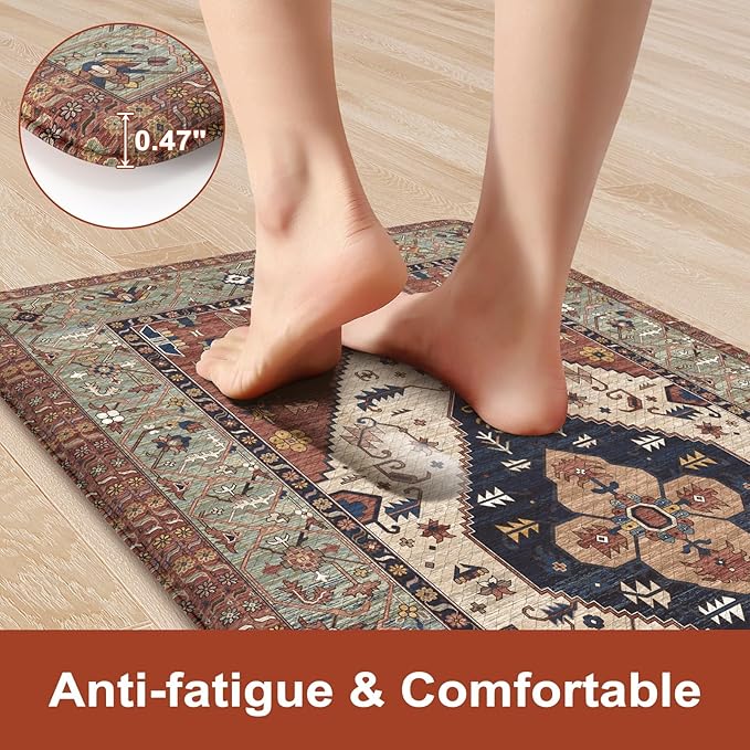 KIMODE Kitchen Mats Cushioned Anti Fatigue, Red Boho Vintage Kitchen Rugs 20"x71", Ergonomic Padded Kitchen Floor Mats, Non Slip Waterproof Standing Mats for Front of Sink Laundry Desk Bedroom