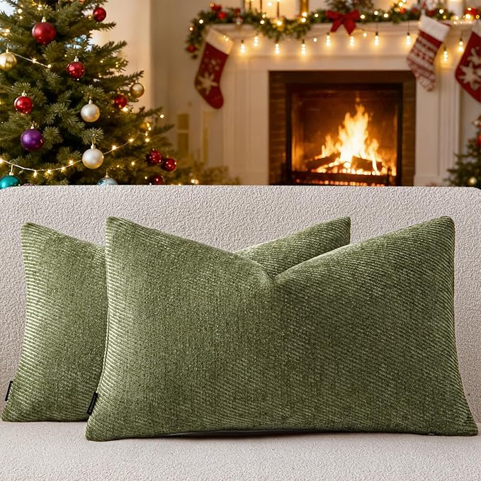 a moment Pack of 2 Decorative Chenille Throw Pillow Covers with Twill Cushion Covers for Sofa Living Room Couch Bed 12x20 Inch Moss Green