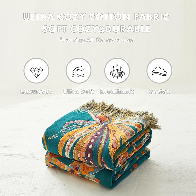 MSGKV Boho Throw Blanket for Couch 100% Cotton Embroidery Blanket 50"x60" Sofa Bed Chair Muslin Breathable All Seasons Lightweight Farmhouse Blankets Home Decor