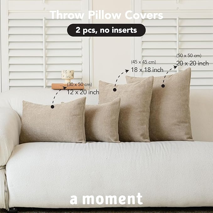 a moment Pack of 2 Decorative Chenille Throw Pillow Covers with Twill Cushion Covers for Sofa Living Room Couch Bed 12x20 Inch Light Brown