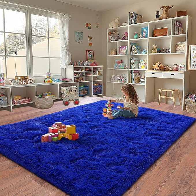 Blue Fluffy Area Rugs for Bedroom, Soft Shaggy Carpets for Living Room, Upgrade Anti-Skid Fuzzy Rugs for Kids' Room, Perfect Decor for Modern Home 6x9 Feet