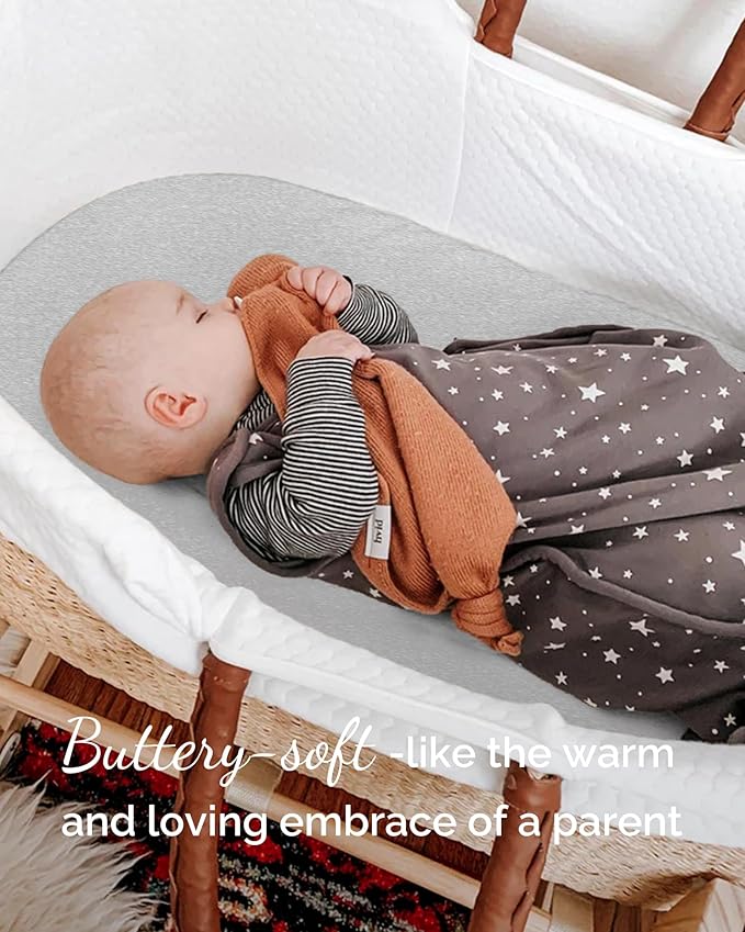 Bassinet Fitted Sheets for Chicco LullaGo Anywhere, Baby Bjorn Cradle and 14 x 29 Mattress Pad - Buttery Soft, Silky Comfort, Premium Stretchy Jersey Knit Sheets - Navy + Grey + Cloud, 3 Pack