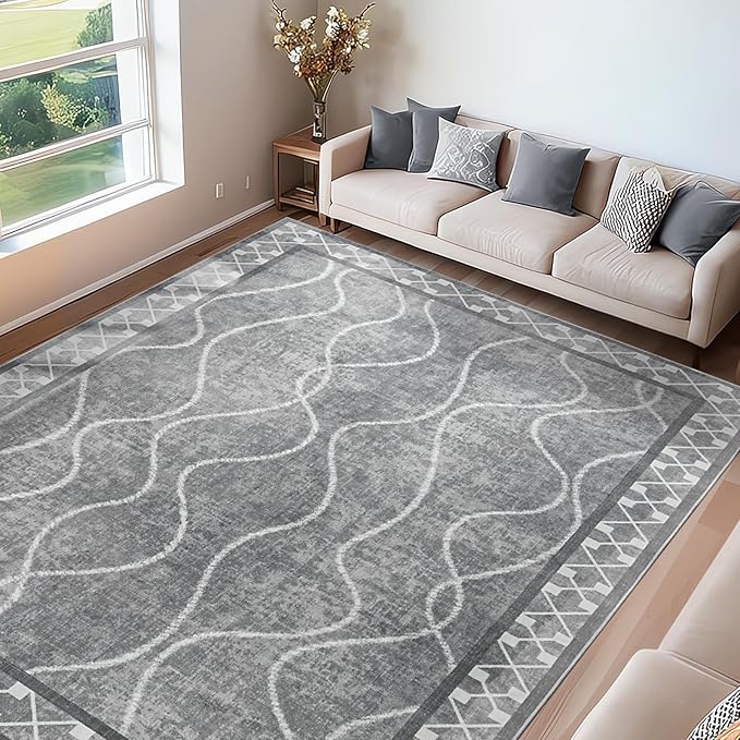 Area Rugs 6x9 Washable Rug, Non-Slip Rugs for Living Room, Low Pile Bordered Rugs Alfombras, Large Print Rubber Backing Indoor Carpet for Home Decor Bedroom Nursery Dining Room, Light Grey