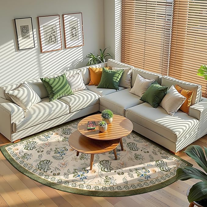 jinchan Elora Floral Corner Rug for Washable Nursery Rug Vintage Romance Christmas Design Non Slip Quarter Circle Lightweight Low-Pile Throw Carpet for Playroom Nook Office, 5ft Radius, Green/Beige