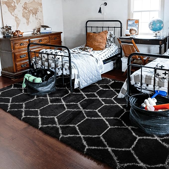 ONASAR 6x9 Area Rugs for Living Room Bedroom, Washable Large Fluffy Black and White Throw Rug, Geometric Soft Plush Shaggy Floor Carpet for Nursery Kids Girls Boys Teen Dorm Home Decor Aesthetic